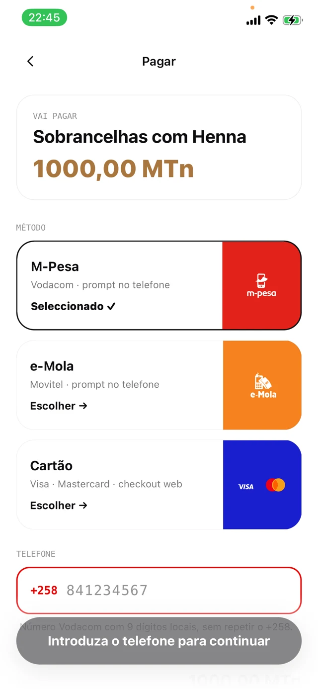 App — pagamento M-Pesa, e-Mola e cartão